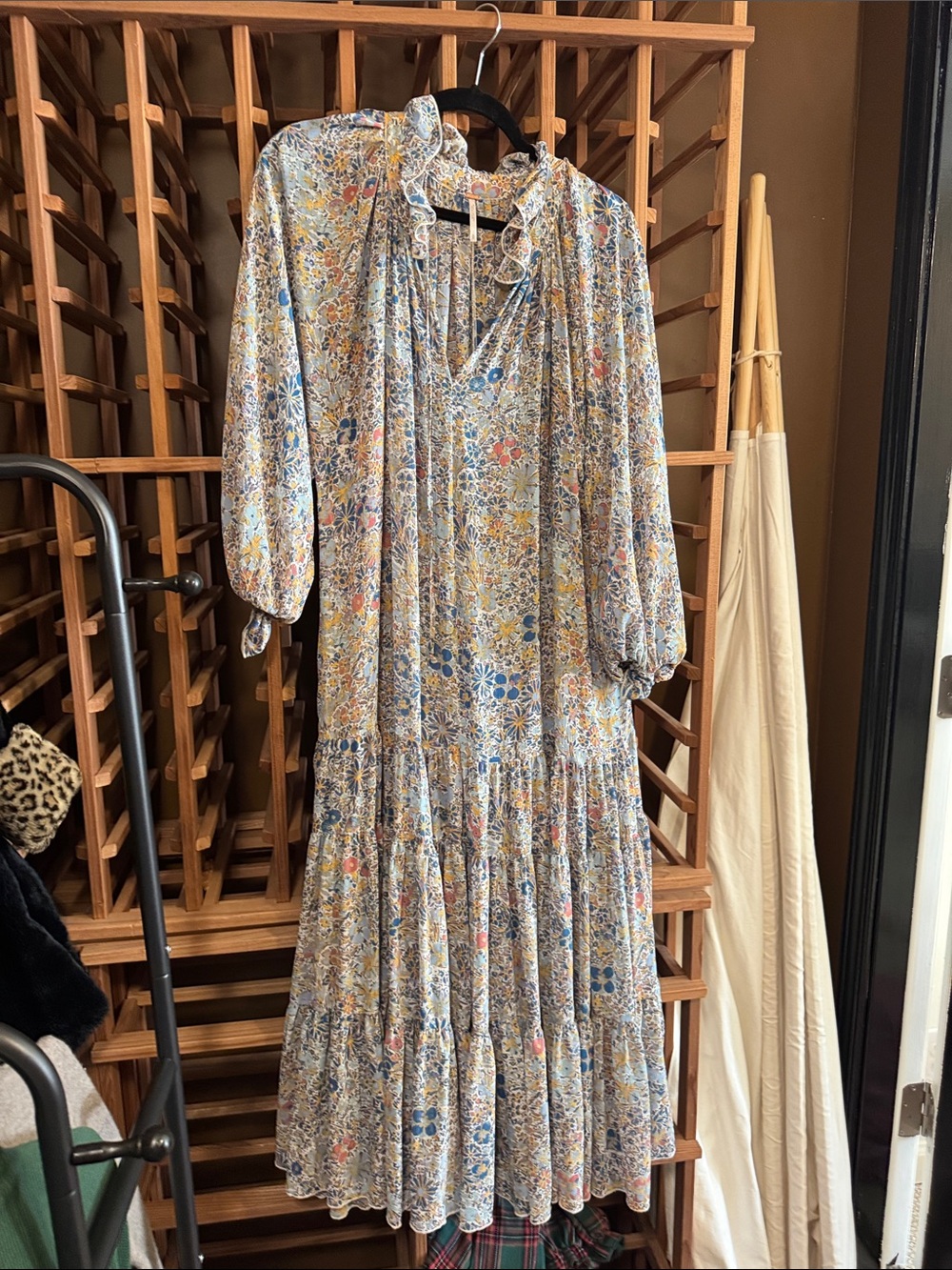 Free People Floral Ruffle-Neck Tiered Maxi Dress - Blue, Yellow, Pink